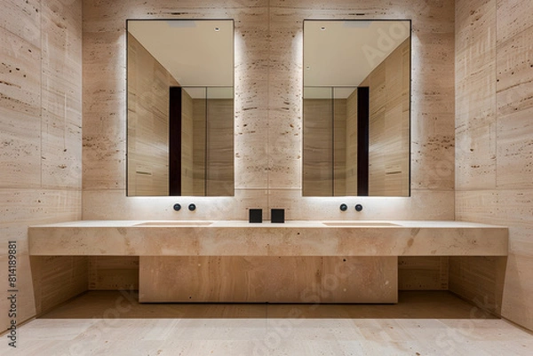 Fototapeta Minimalistic contemporary modern bathroom with two sinks and mirrors
