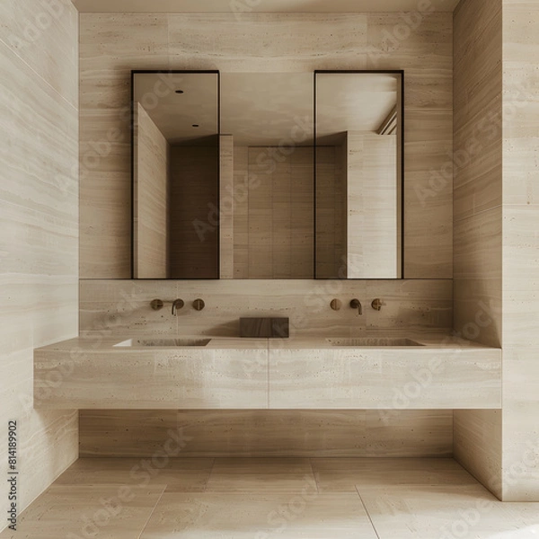 Fototapeta Minimalistic contemporary modern bathroom with two sinks and mirrors