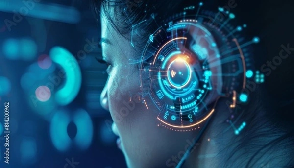 Fototapeta A closeup of an advanced biometric ear scan technology being used on a person wearing smart earphones