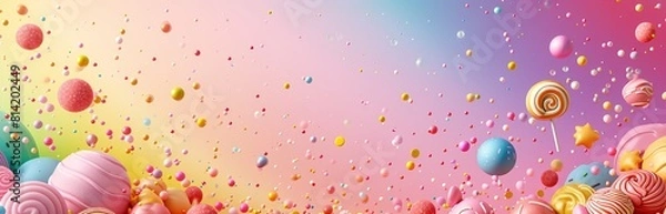 Fototapeta Colorful candies and lollipops, floating on a pastel rainbow background

