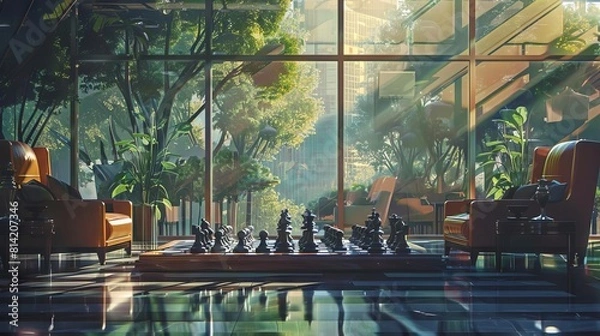 Fototapeta A serene setting of a strategy retreat where top executives ponder over chess pieces on a board, planning their next move in investor relations