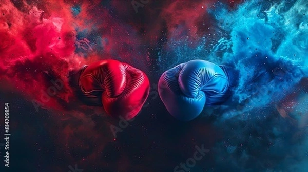 Obraz Red vs blue. Two boxing gloves hitting each other. Fist punching boxing gloves with clouds of steam or smoke on dark background. Sport hit hook kick knock box sparring competition.