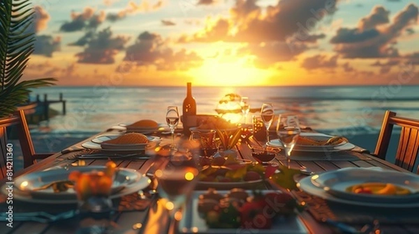 Fototapeta 1d a full shot of a big table of afternoon sunset in beach