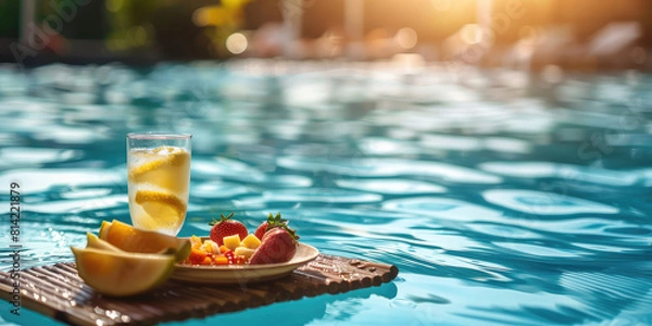 Fototapeta Close-up tray with Breakfast in swimming pool, floating dining table at tropical resort. Fruit plate in calm pool water.