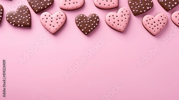 Fototapeta Cookies shaped like hearts on a pink background top view with copy space. Valentine's Day greeting card.