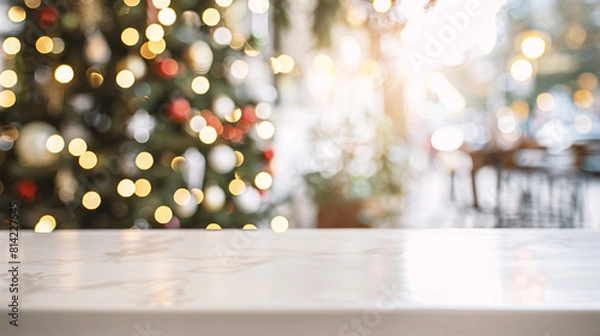 Fototapeta Christmas background with empty white wooden table over bokeh lights.