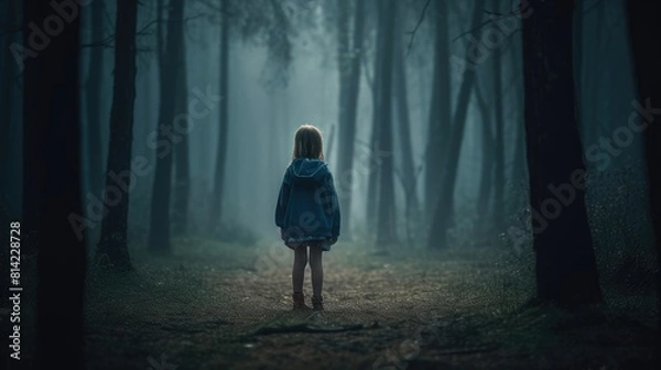 Fototapeta Child lost in a dark forest. Created with generative AI.