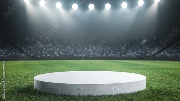 Fototapeta  round white podium in the middle surrounded by spectators and spotlights