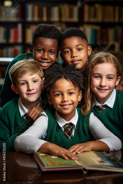Fototapeta Group of happy kids in private school uniform with books smiling together in a library setting, showcasing friendship and diversity