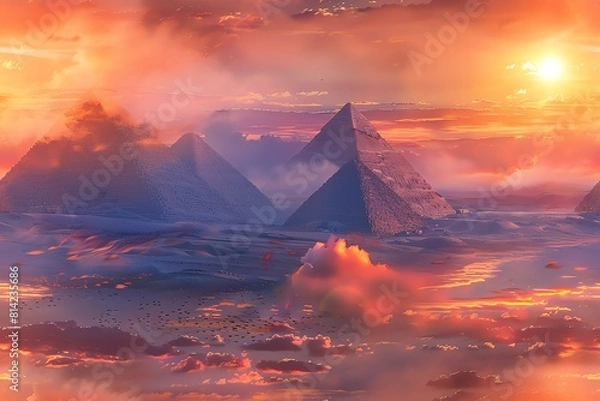 Fototapeta Capture a majestic low-angle view of a towering ancient pyramid amidst a desert sunset using vibrant hues and exaggerated perspective in a digital CG 3D style