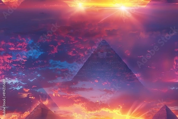 Fototapeta Capture a majestic low-angle view of a towering ancient pyramid amidst a desert sunset using vibrant hues and exaggerated perspective in a digital CG 3D style