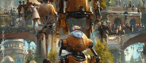 Fototapeta Paint a scene in oil where robotics meet classic literature characters at eye level