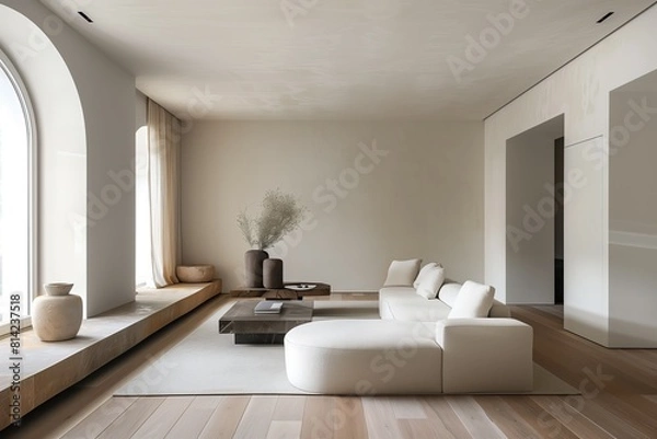 Fototapeta Elegant minimalist living room with soft neutral tones, modern low-profile furniture, and arched windows, creating a serene and refined atmosphere with natural light and warm wooden flooring