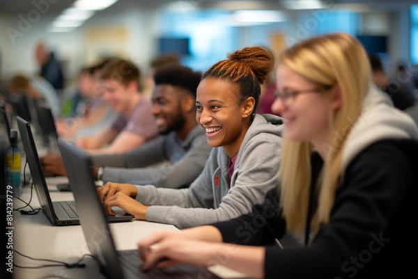 Fototapeta Cheerful team of diverse students or colleagues collaborating on a project in a a computer lab or modern office