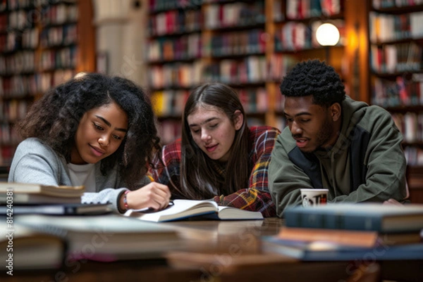 Fototapeta Three focused diverse students collaborate on their studies in a well-lit library