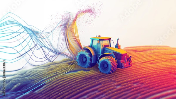 Obraz Agritech concept in colorful dynamic waves, Surreal tractor in data field for modern agriculture technology and farming