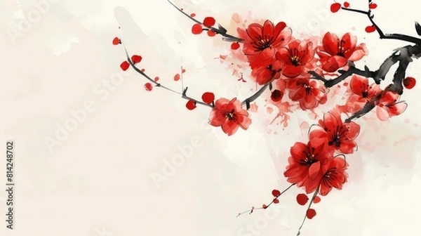 Fototapeta Elegant Display of Red Flowers on a Branch Against a Light Background, Depicted in the Style of Traditional Chinese Painting - Perfect for Banners and Backgrounds