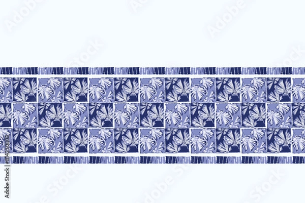 Fototapeta Indigo blue Japanese block print effect bordur. Seamless hand made vector design for fabric batik ribbon and faded fashion repeat banner. 