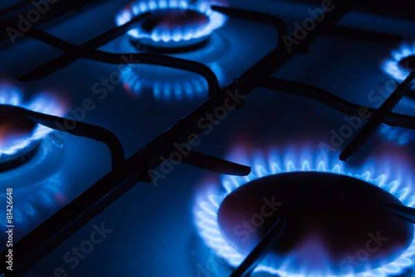 Obraz Niebieskie płomienie gazu płonącego z kuchennej kuchenki gazowej