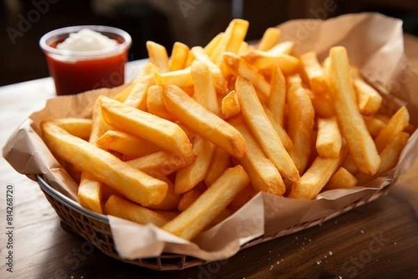 Fototapeta A wooden table with a basket filled with crispy golden brown french fries, served with ketchup and mayonnaise on brown paper, creating a delicious and inviting snack.