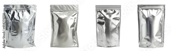 Obraz Set of aluminum blank foil food pack bag packaging, product design mockup, isolated on transparent background