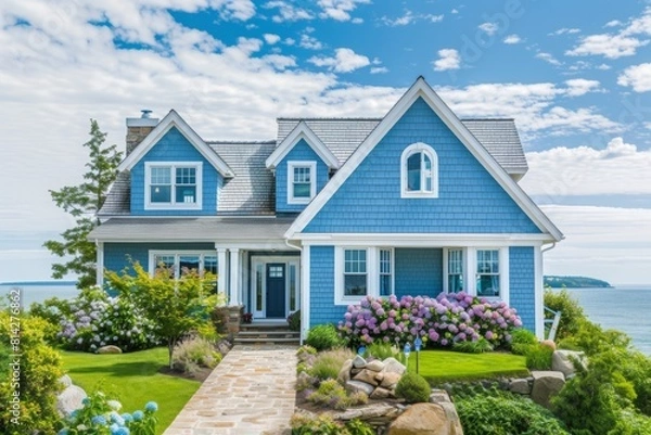 Obraz Charming Blue Cape Cod Style House with Ocean Background