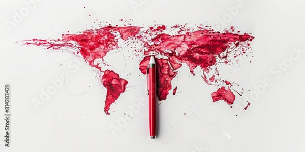 Fototapeta Abstract red ink world map with pink pen - A creative and striking image of a world map made of splashing red ink with a pink pen laying across it