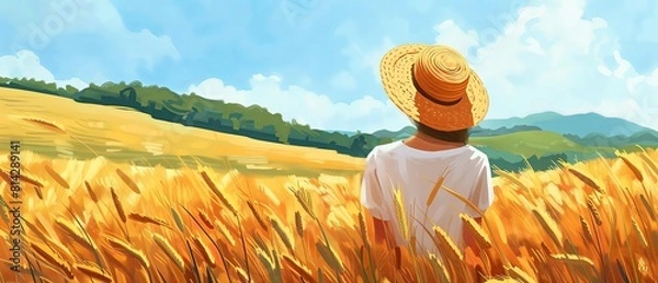 Obraz A young farmer wearing a straw hat stands in a sunflower field field, overlooking a green landscape with mountains and a blue sky in a rural area. An illustration of a young female farmer working on t