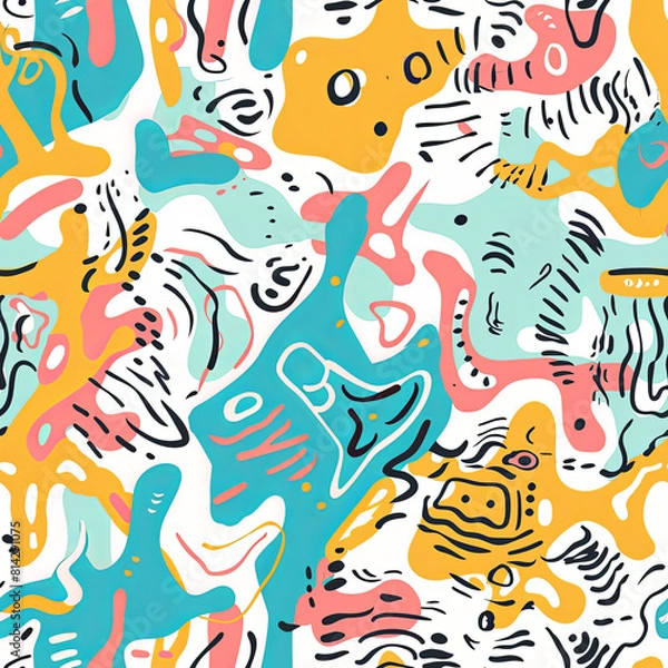 Fototapeta Seamless doodle pattern, colorful with pastel colors, digital paper for printing, graphic design, product designs, stickers and many more.	

