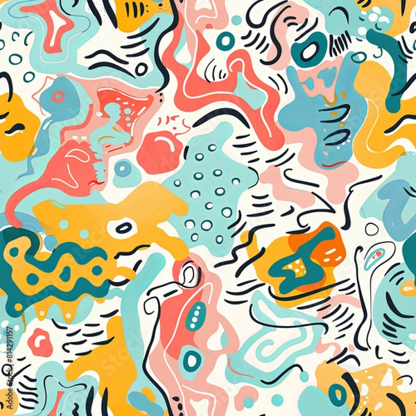 Fototapeta Seamless doodle pattern, colorful with pastel colors, digital paper for printing, graphic design, product designs, stickers and many more.	
