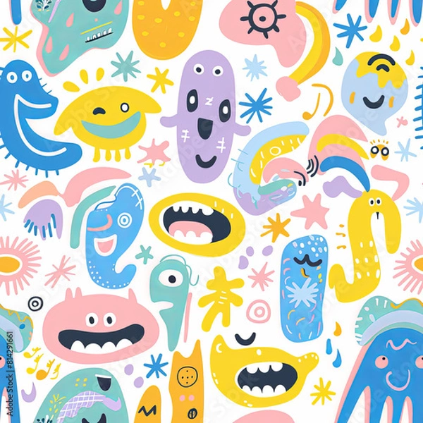 Fototapeta Seamless doodle pattern, colorful with pastel colors, digital paper for printing, graphic design, product designs, stickers and many more.	
