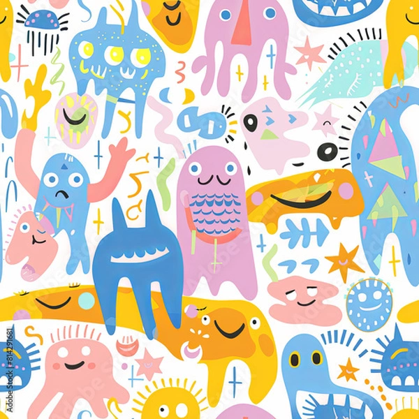 Fototapeta Seamless doodle pattern, colorful with pastel colors, digital paper for printing, graphic design, product designs, stickers and many more.	
