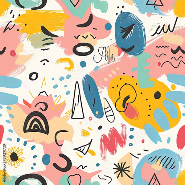 Fototapeta Seamless doodle pattern, colorful with pastel colors, digital paper for printing, graphic design, product designs, stickers and many more.	
