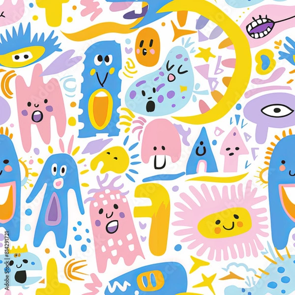 Fototapeta Seamless doodle pattern, colorful with pastel colors, digital paper for printing, graphic design, product designs, stickers and many more.	
