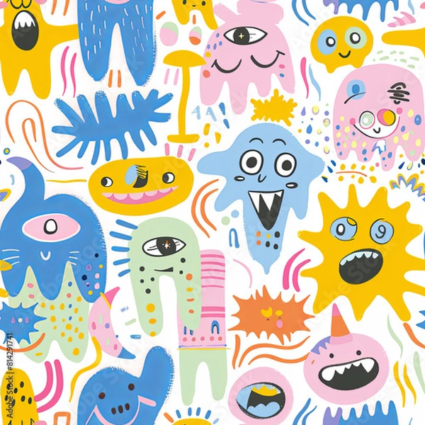 Fototapeta Seamless doodle pattern, colorful with pastel colors, digital paper for printing, graphic design, product designs, stickers and many more.	
