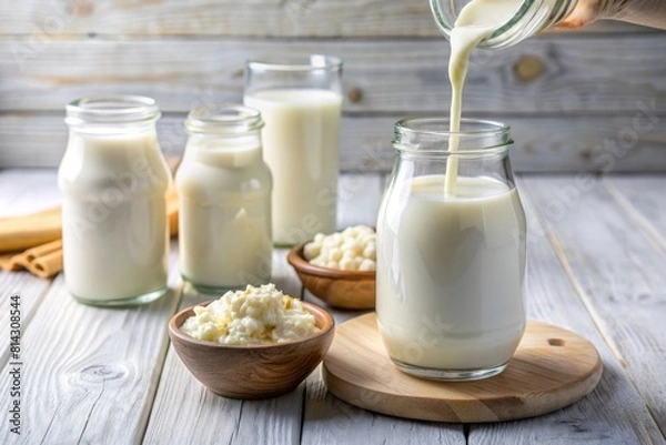 Obraz Pouring homemade kefir, buttermilk or yogurt with probiotics. Yogurt flowing from glass bottle on white wooden background. Probiotic cold fermented dairy