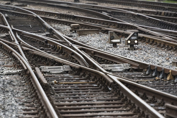 Fototapeta Railway switch point within many railroad tracks