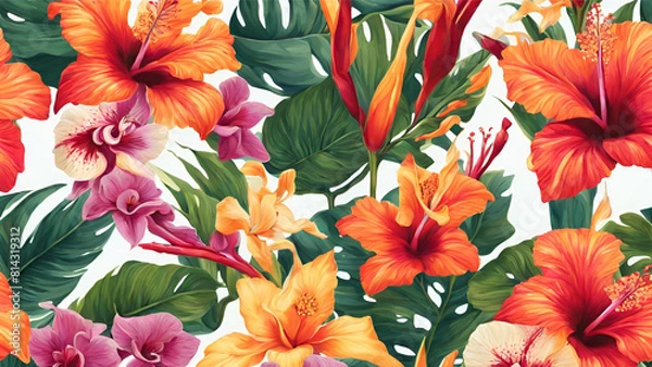 Fototapeta Seamless Pattern of Exotic Hibiscus, Bird of Paradise, and Orchids