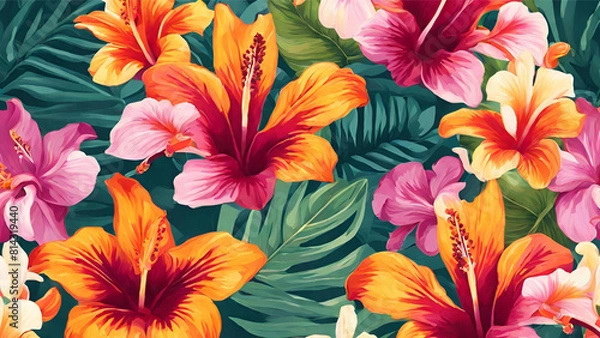 Fototapeta Seamless Pattern of Exotic Hibiscus, Bird of Paradise, and Orchids