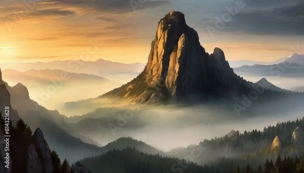 Fototapeta Majestic mountain with a foggy mist surrounding it. At sunrise
