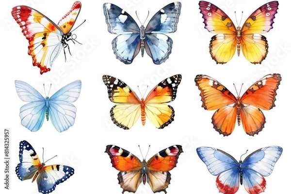 Fototapeta A set of watercolors of various butterflies, from monarchs to swallowtails, showcasing the magic of metamorphosis, each butterfly set as detailed clipart isolated on white