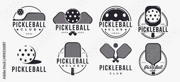 Fototapeta Set of Vintage Pickleball logo badge label vector, pickleball racket, ball on white background