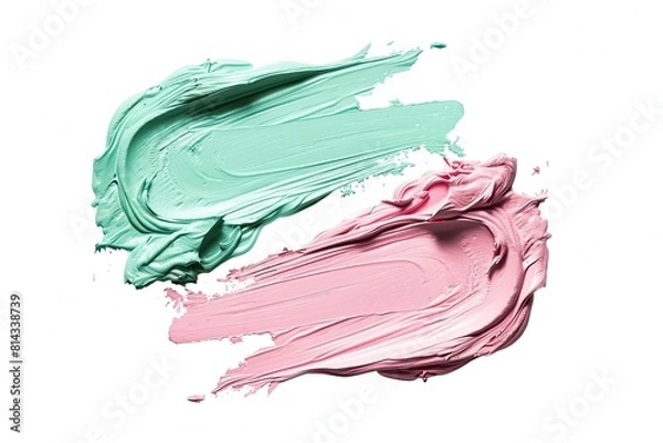 Fototapeta olor corrector strokes isolated on white background. Green and pink color correcting cream concealer smudge smear swatch sample. Makeup base creamy texture