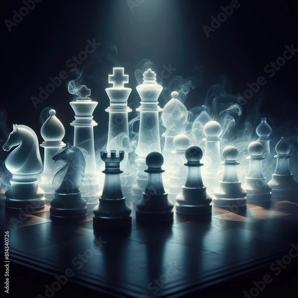 Fototapeta set of chess pieces that appear to be made of a translucent, glass-like material with a smoky or ethereal quality, illuminated from below to enhance their three-dimensional forms and details