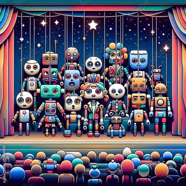 Fototapeta Vector illustration of a group of robots in the circus at night.
