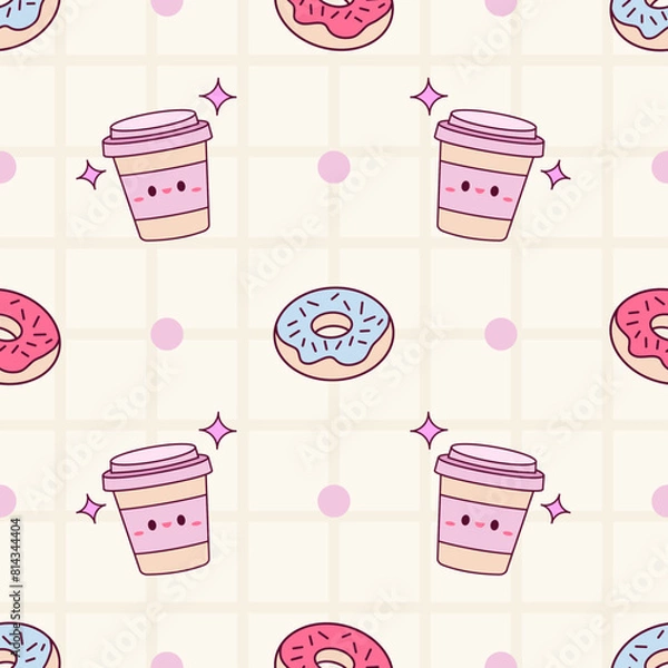 Obraz cute cup and donut seamless pattern kawaii style background