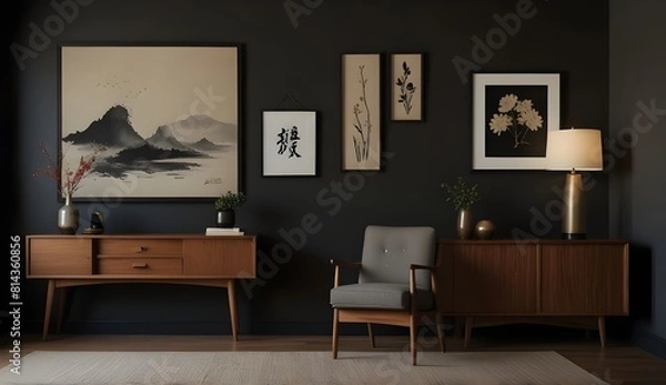 Fototapeta Japanese modern home interior design. With paintings hanging on wall 