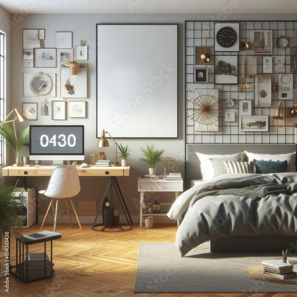 Fototapeta bedroom with Bedroom interior and a desk and a computer art realistic photo has illustrative meaning used for printing.