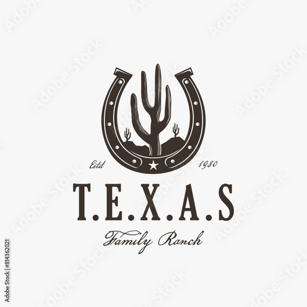 Fototapeta Vintage western stamp label horseshoe and desert cactus logo, cowboy ranch logo vector on white background