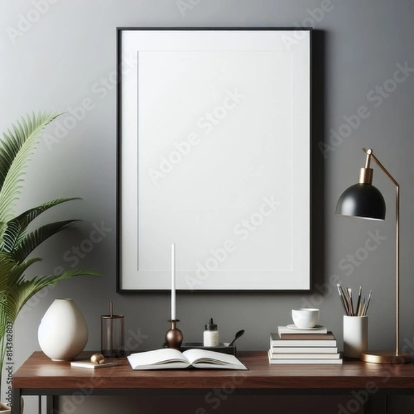 Fototapeta A desk with a plant and a picture frame image art realistic lively.